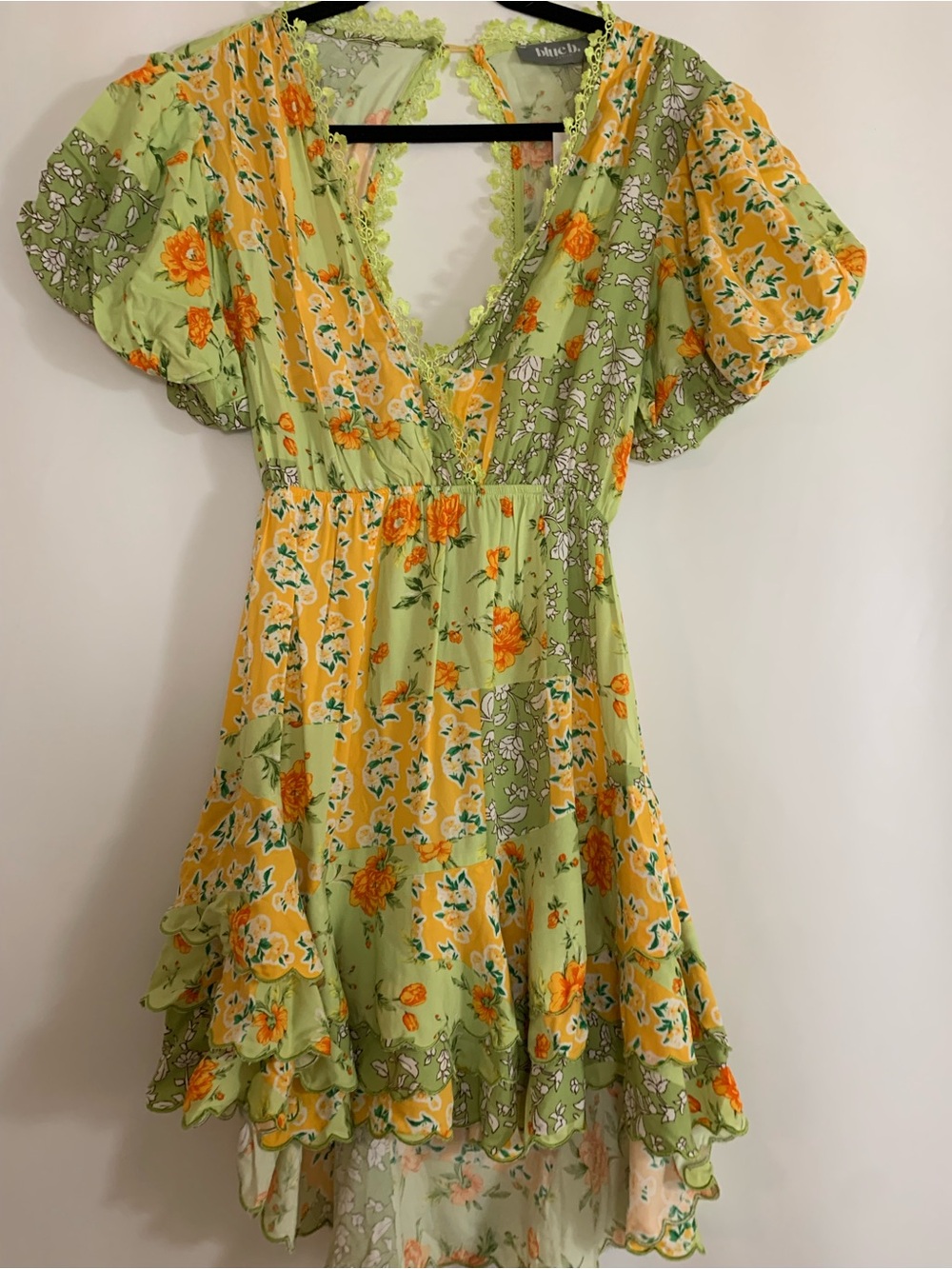 Lime Green & Yellow Floral  Tie-Back Mini Dress